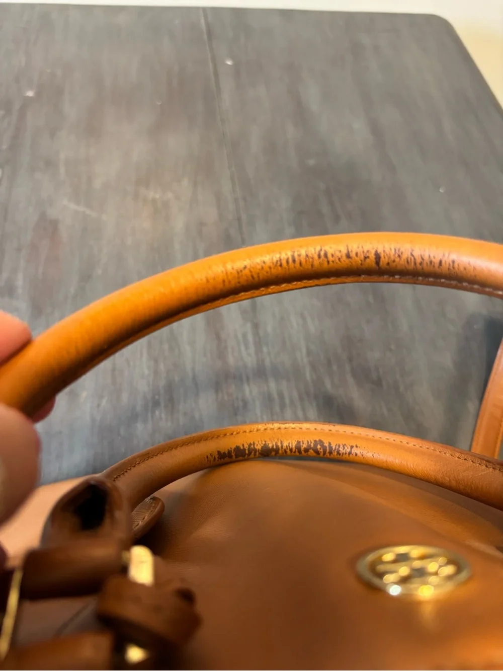 Tory Burch Cognac Leather Dome Satchel with Gold Hardware